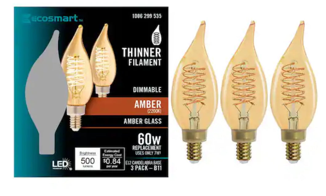 60-Watt Equivalent BA11 Dimmable E12 Candelabra Fine Bendy Filament LED Vintage Edison Light Bulb Amber (3-Pack)