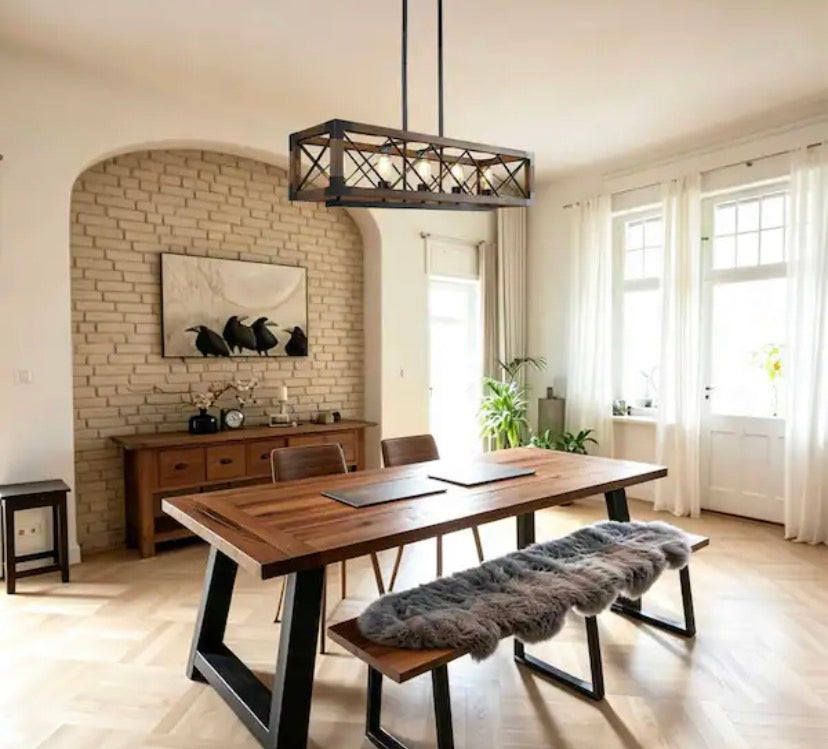 Wood Kitchen Chandelier 5-Light Linear Farmhouse Black Island Dining Room Chandelier Pendant with Rustic Rectangle Frame