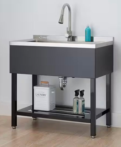 14 in. D x 30 in. W Freestanding Laundry/Utility Sink in Stainless Steel and Black with Pull-Out Faucet