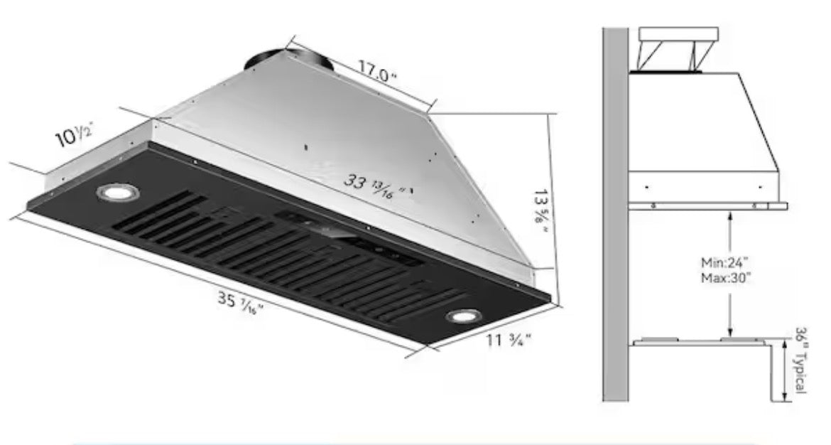 36 in. 900CFM Ductless Convertible Insert Range Hood in Black Stainless Steel with LED Light Gesture Sensing and Filter