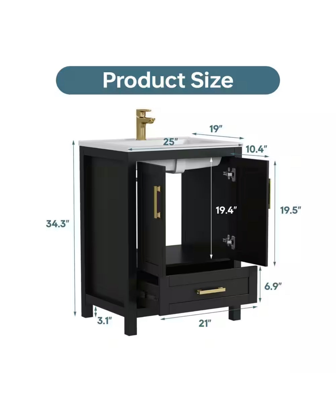 Raven 25 in.W Single Sink Black Freestanding Bath Vanity with White Engineered Solid Surface Top Unassembled