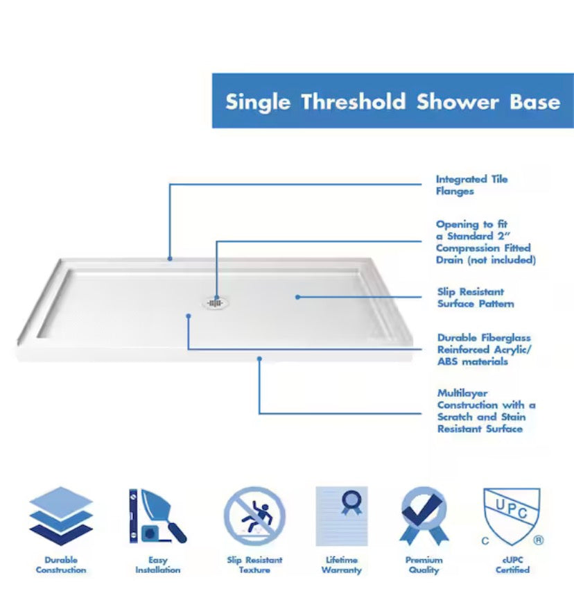 ShowerCast 60 in. x 30 in. Single Threshold Shower Pan in White with Modern Square Chrome Shower Drain Cover Left Drain