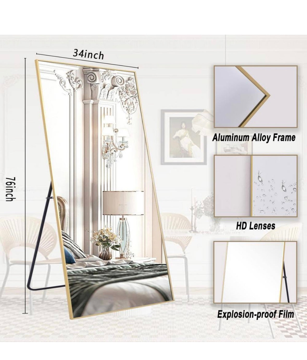 34 in. W x 76 in. H Rectangular Classic Gold Aluminum Alloy Framed Full Length Mirror Standing Floor Mirror