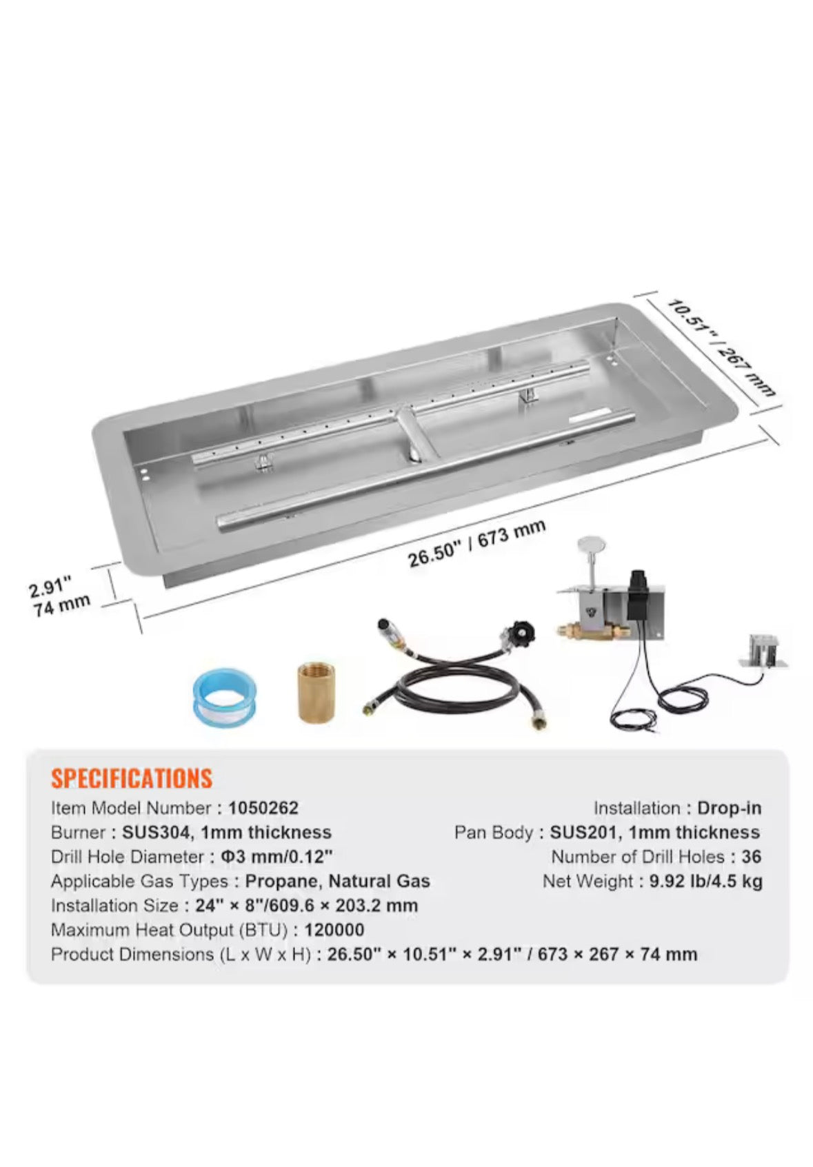 24 x 8 in Drop-in Fire Pit Pan, Rectangular Stainless Steel Fire Pit Burner Kit, Propane Gas Fire Pan 120,000 BTU
