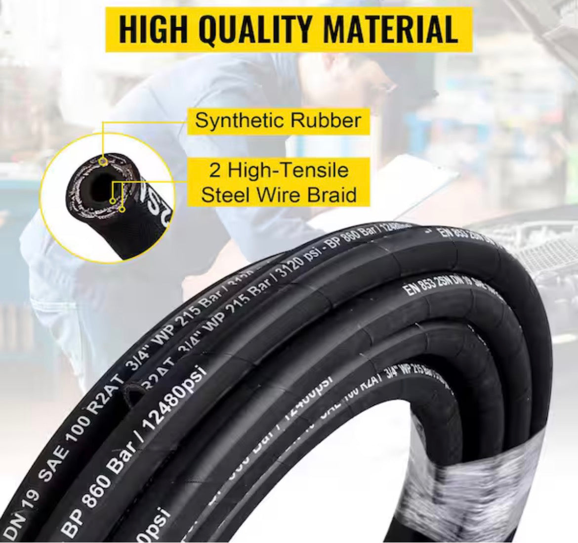 Hydraulic Hose 1/4 in. x 100 ft. Coiled Hydraulic Hose 5800 PSI, Rubber Hydraulic Hose, Hydraulic Oil Flexible Hose