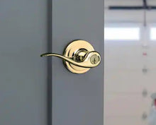 Load image into Gallery viewer, Tustin Polished Brass Entry Door Handle Featuring SmartKey Security
