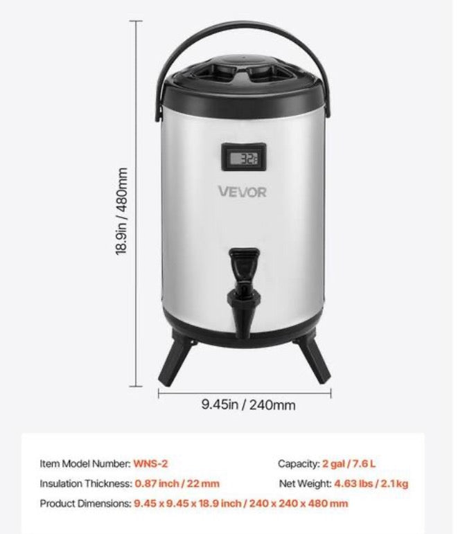 Insulated Beverage Dispenser 2 gal. /7.6 L Silver Stainless Steel Thermal Drink Server Suitable for Tea Water in Cafes