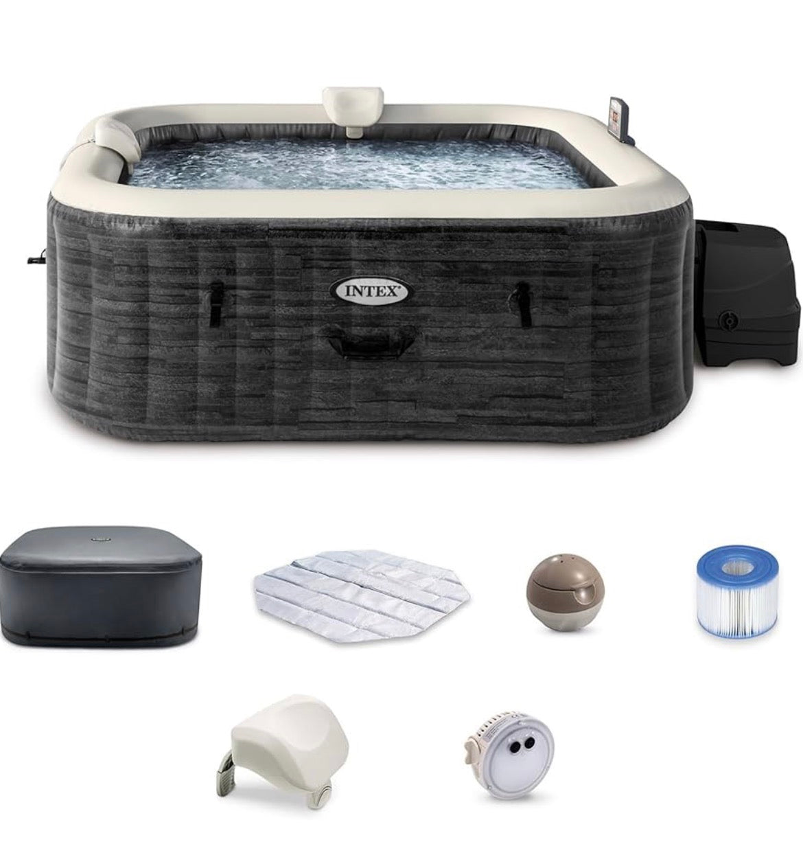 PureSpa Plus Greystone 6 Person Inflatable Square Hot Tub w/ 170 AirJets