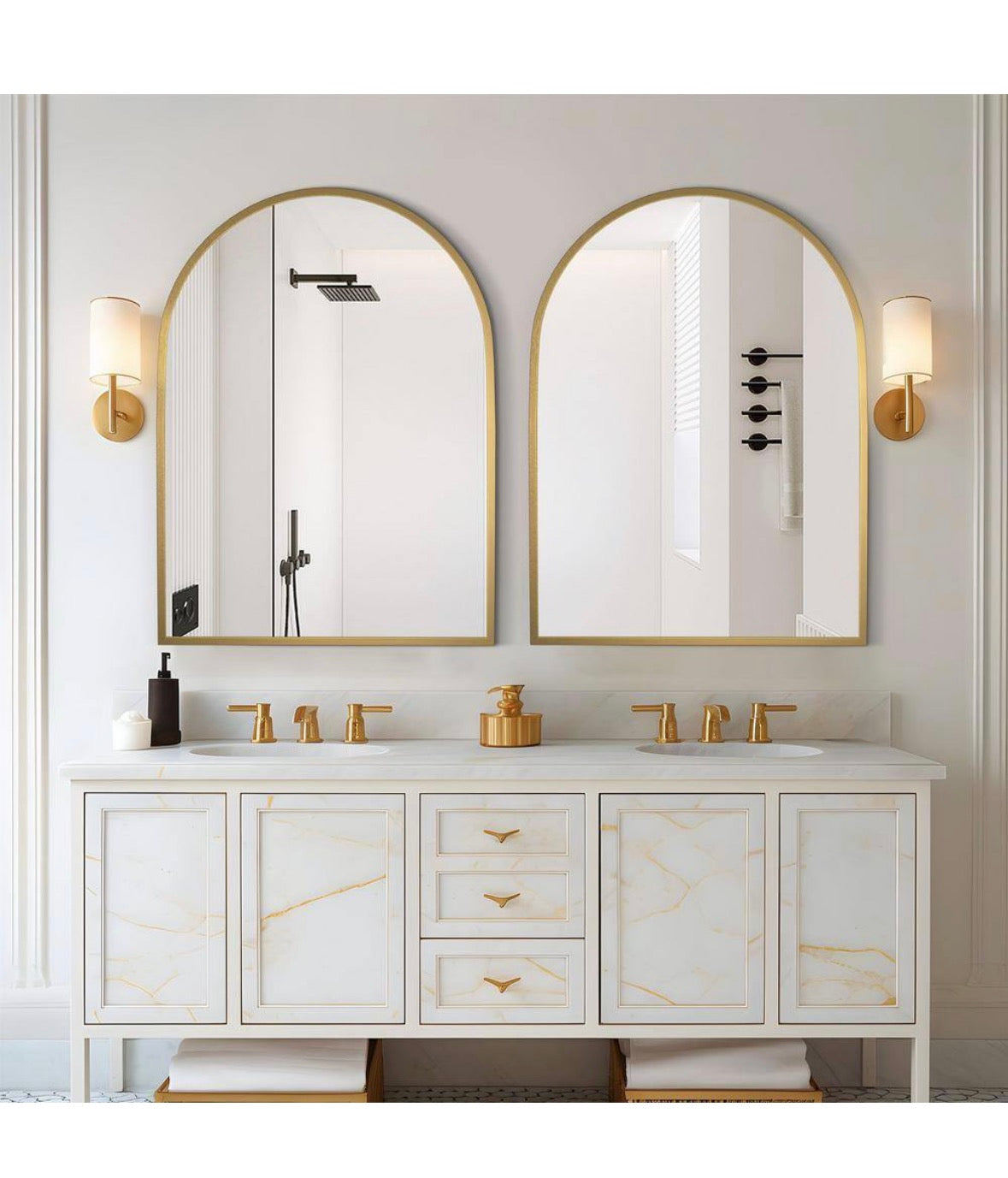 30 in. W x 40 in. H Arched Mirror for Bathroom Entryway Wall Decor Metal Frame Wall Mounted Mirror in Gold 2-Pieces