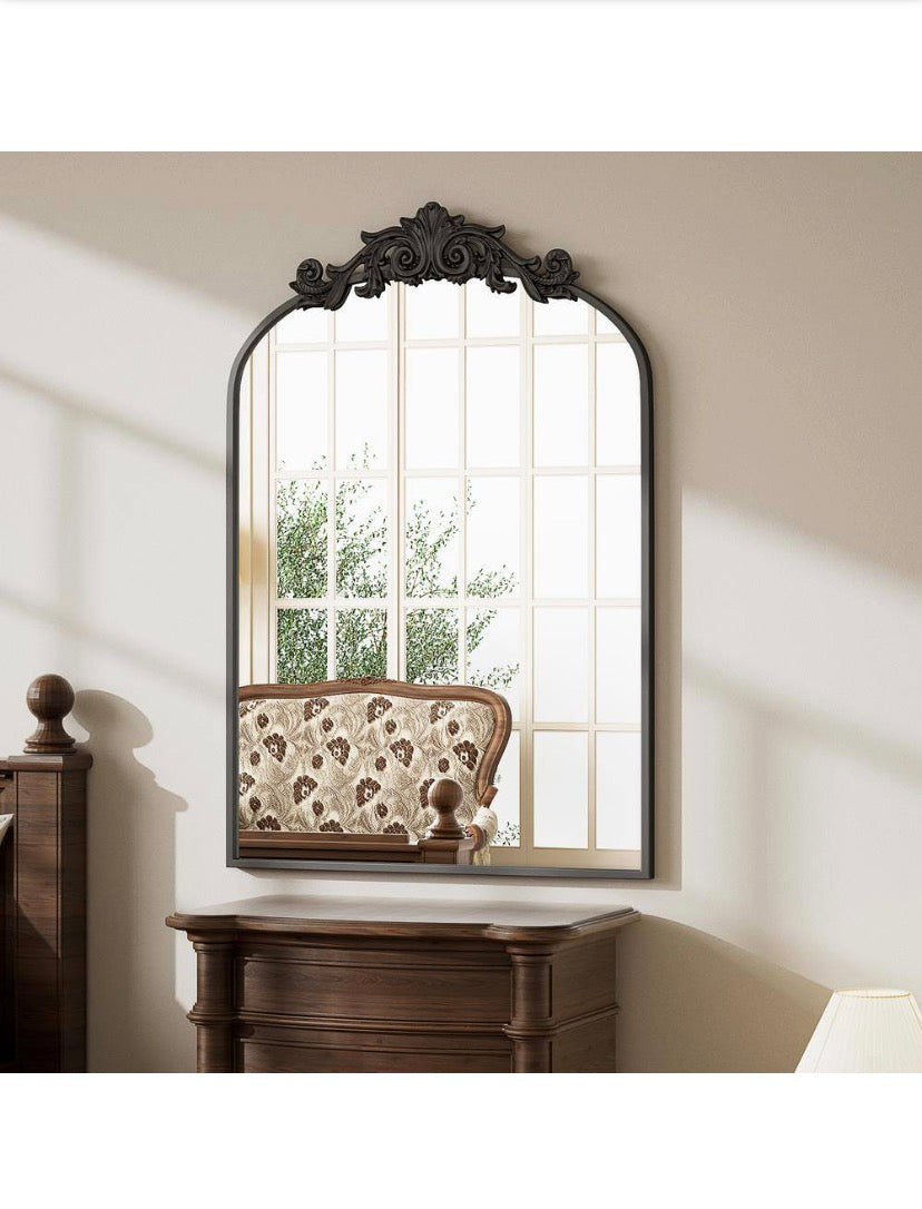 24 in. W x 35.8 in. H Arched Black Metal Framed with Carved Decoration Vanity Mirror Wall Mirror