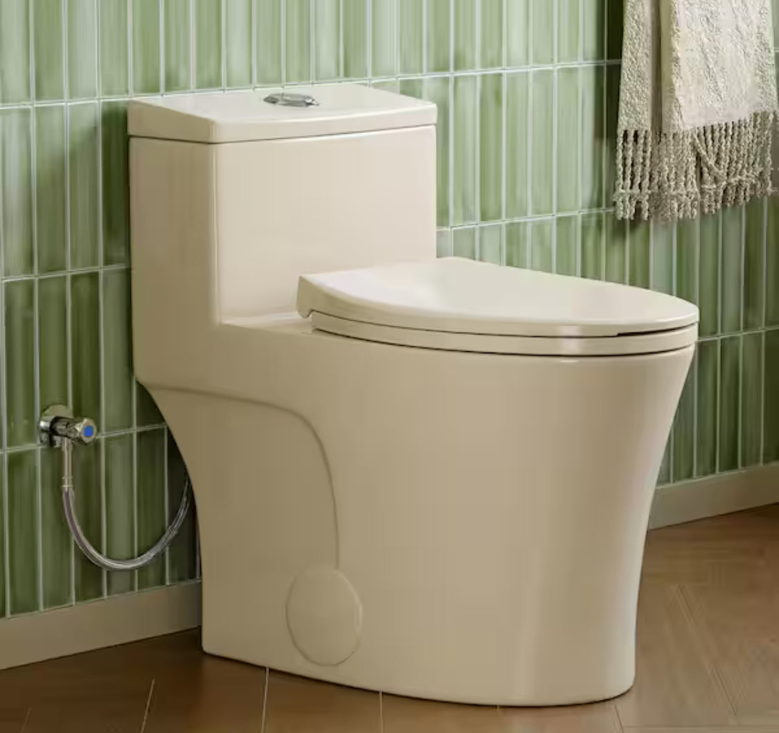 1-piece 0.8/1.28 GPF High Efficiency Dual Flush Elongated Toilet in Biscuit, Seat Included