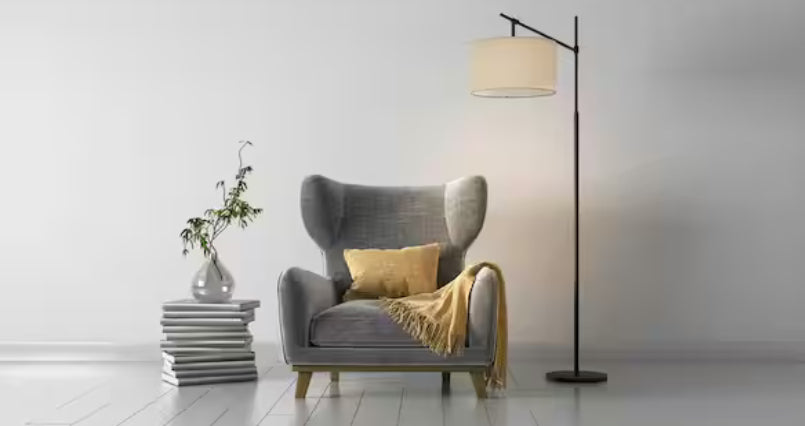Gideon 69 in. Matte Black 1-Light Standard Floor Lamp with White Fabric Drum Shade and Adjustable Socket