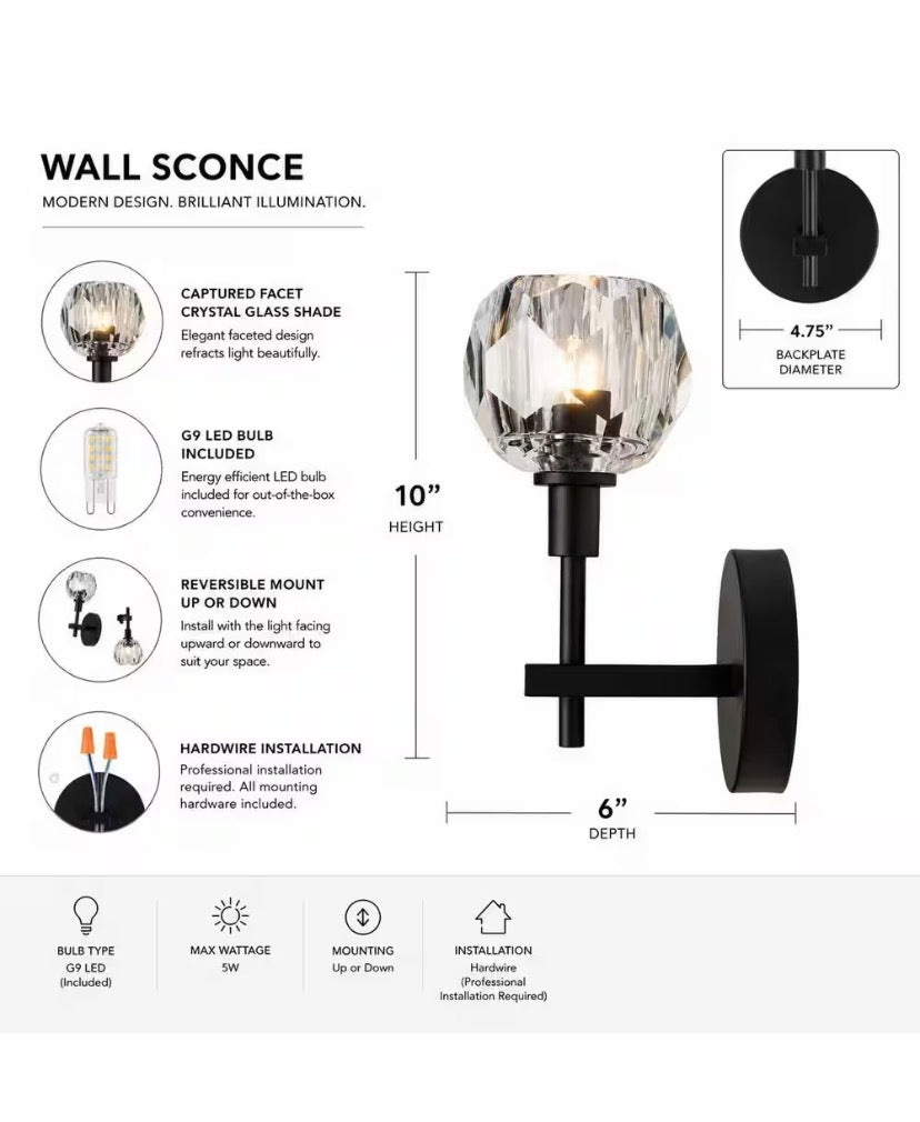 4.75 in. 1-Light Black Wall Sconce with Clear Captured Glass Shade