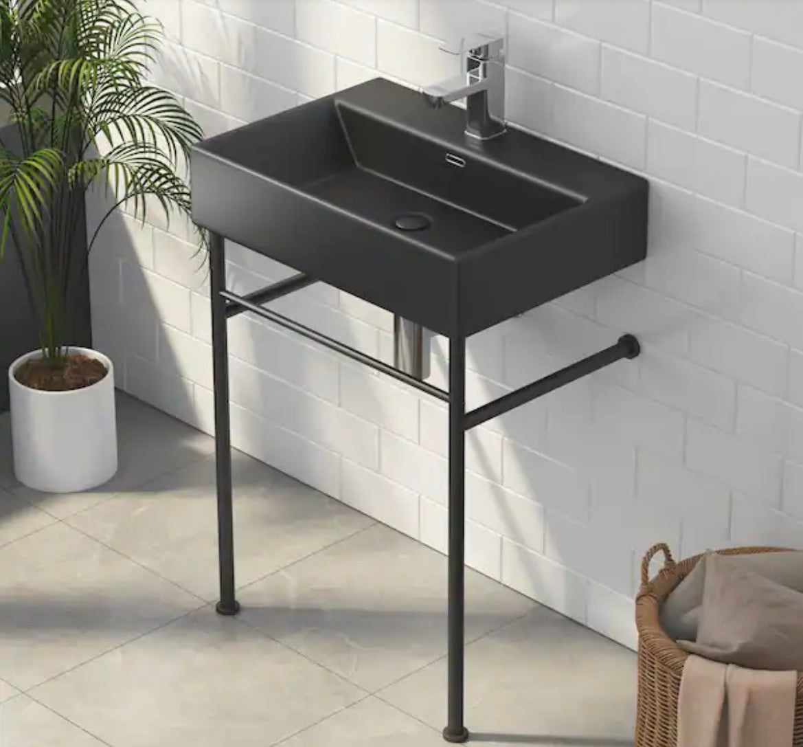 Turner 24 in. Vitreous China Console Sink Basin and Stainless Steel Legs Combo with Overflow Hole in Matte Black