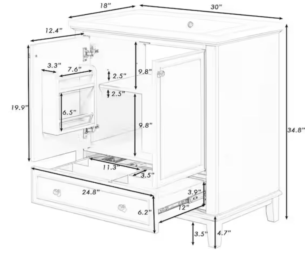 30 in. Modern Classic Bath Vanity Cabinet without Top in Blue