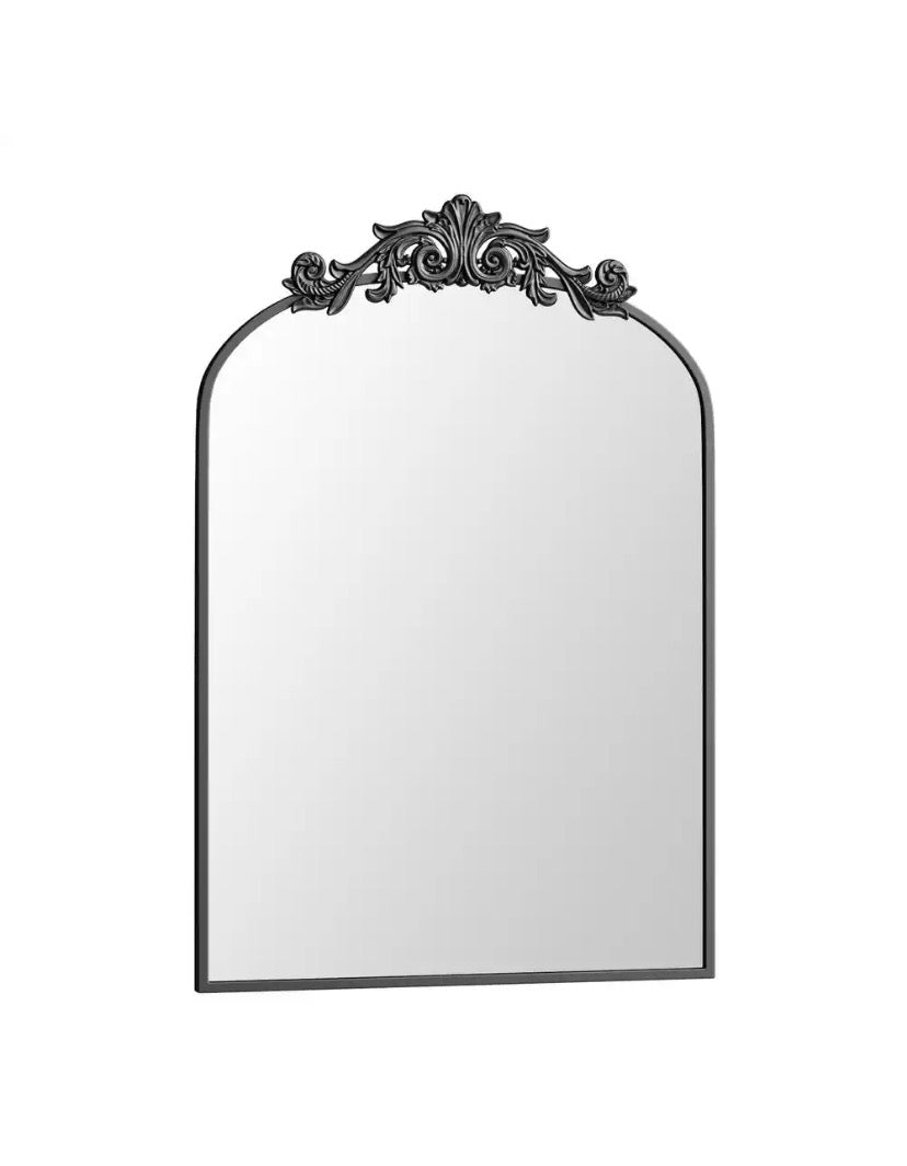 24 in. W x 35.8 in. H Arched Black Metal Framed with Carved Decoration Vanity Mirror Wall Mirror