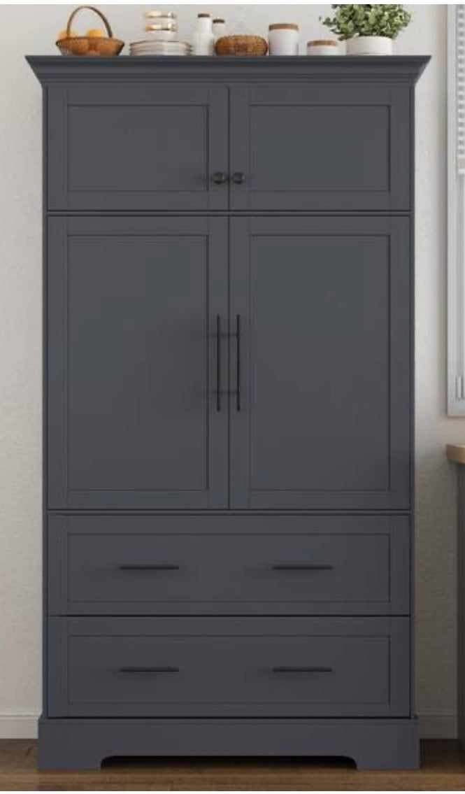TOPMAX Grey Farmhouse Kitchen Pantry with Pull-out Trays & Cake Pan Storage
