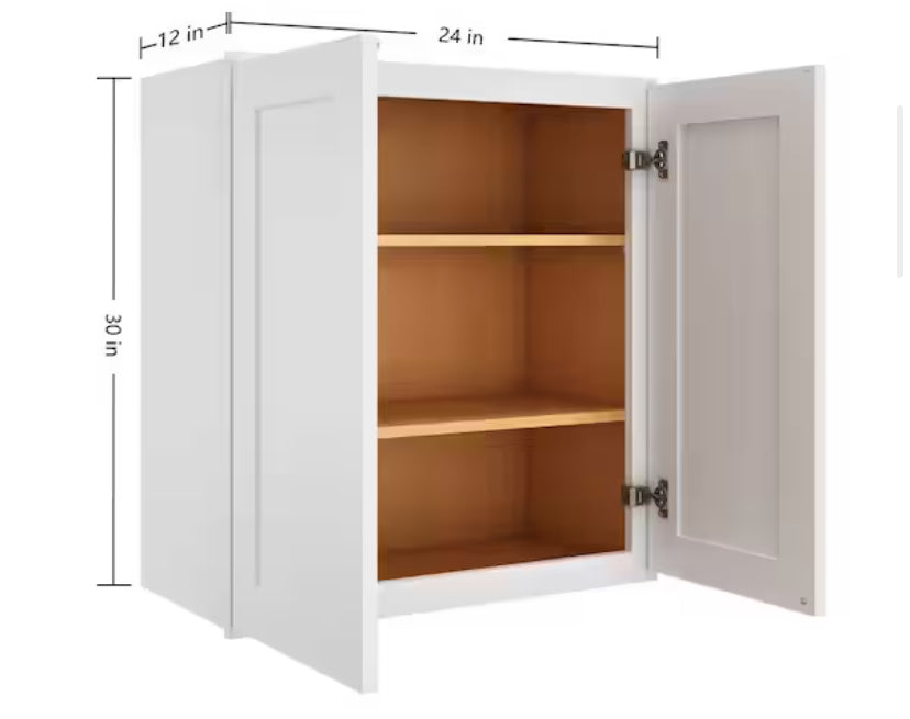 24 in. W x 12 in. D x 30 in. H in Shaker White Plywood Ready to Assemble Wall Cabinet 2-Doors 3-Shelves Kitchen Cabinet