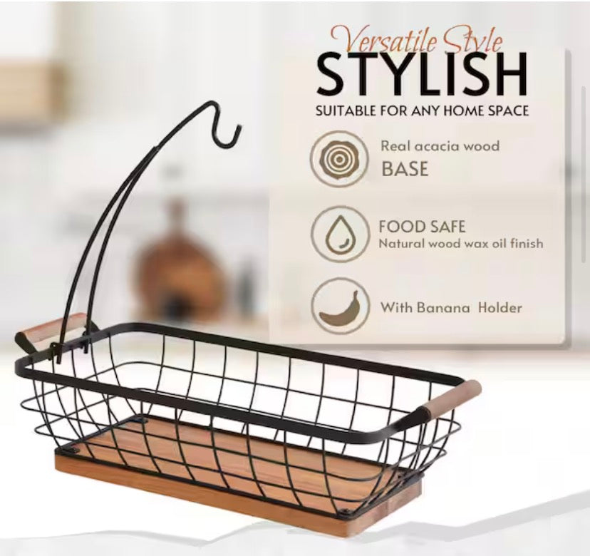 14 in. Metal Rectangular Fruit Basket with Banana Hanger and Wooden Base for Kitchen Counter, Black