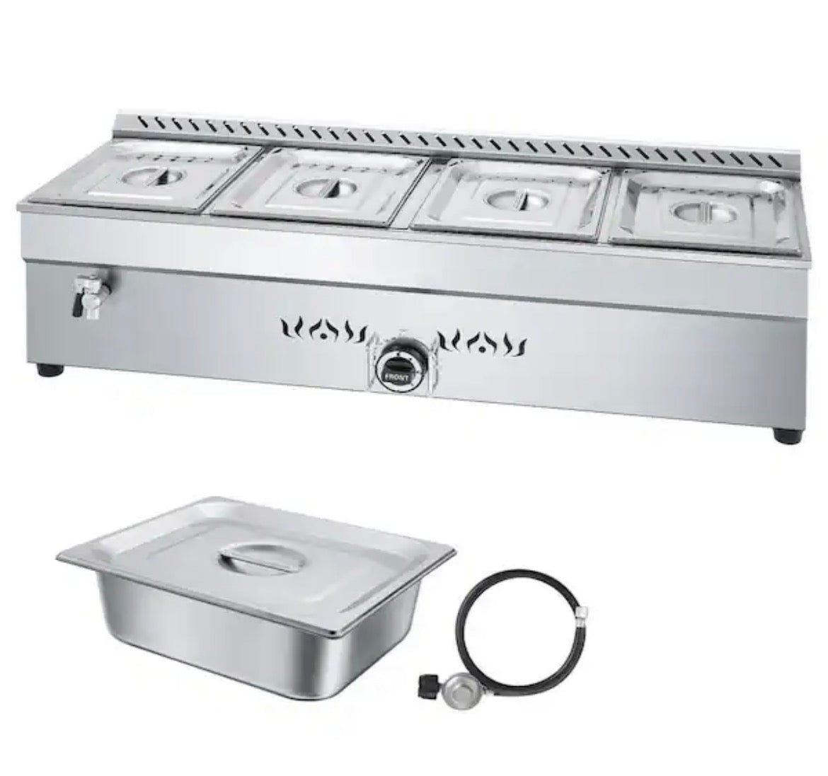 4-Pan Commercial Propane Steam Table, LP Gas Soup Warmer w/ Drain, Stainless Steel, Temp Control, for Restaurant/Camping