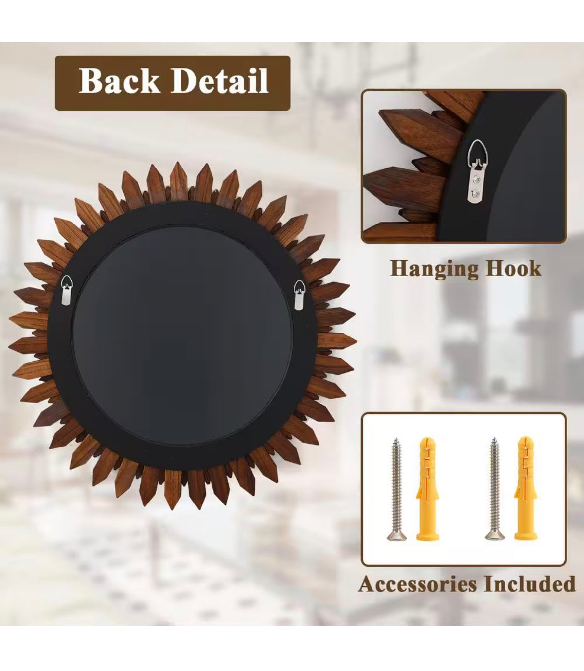 Dark Brown 24 in. W x 24 in. H Sunburst Wood Framed Vanity Mirror Wall Mirror