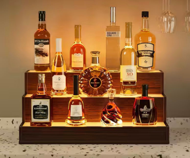 CH 11 in. H x 24 in. W 10-Bottle Walnut Engineered Wood Bar Shelves,LED Lighted Liquor Bottle Display Shelf