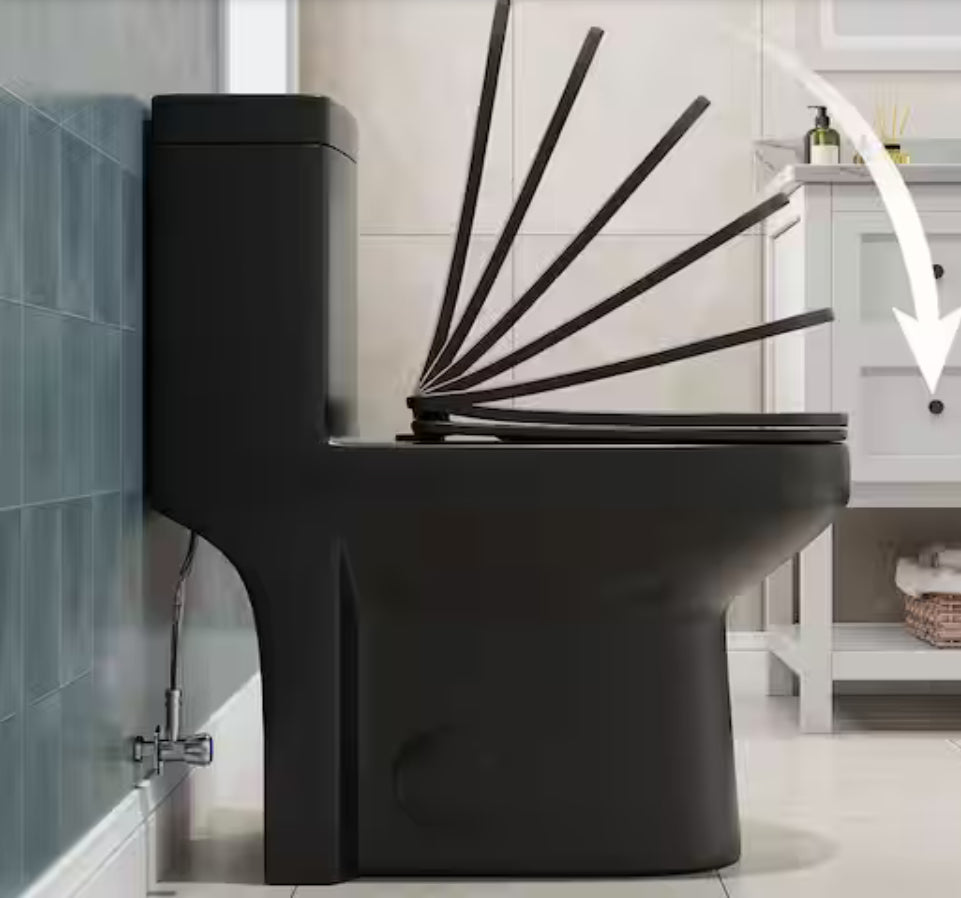 1-Piece 1.1/1.6 GPF Dual Flush Compact Round Toilet in Black Soft Close Seat Included