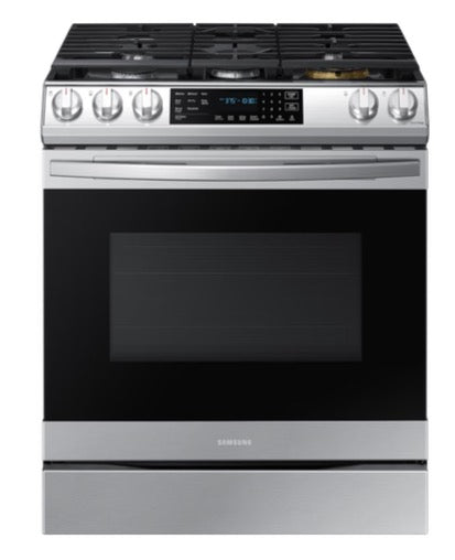 Samsung Smart WiFi 30-in 5 burners 6-cu ft Air Fry Convection Oven Slide-In Natural Gas Range ( Fingerprint Resistant Stainless Steel )