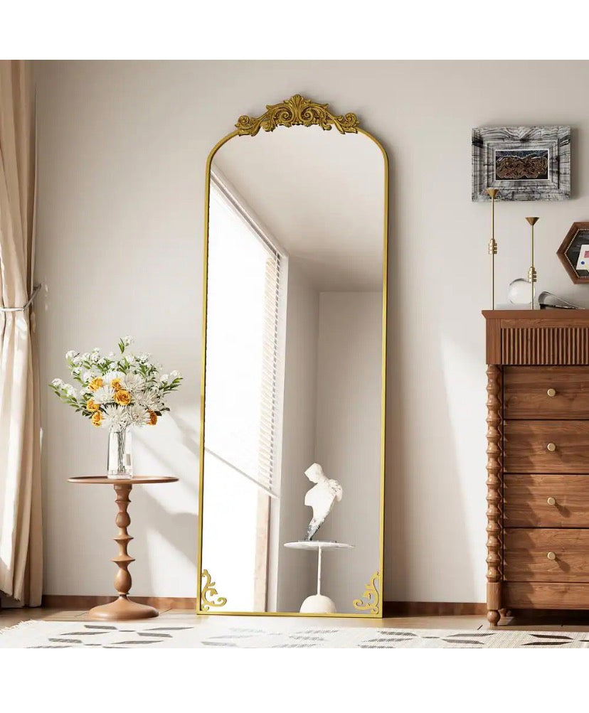 21 in. W x 64 in. H Arched Gold Metal Framed with Carved Decoration Full Length Mirror