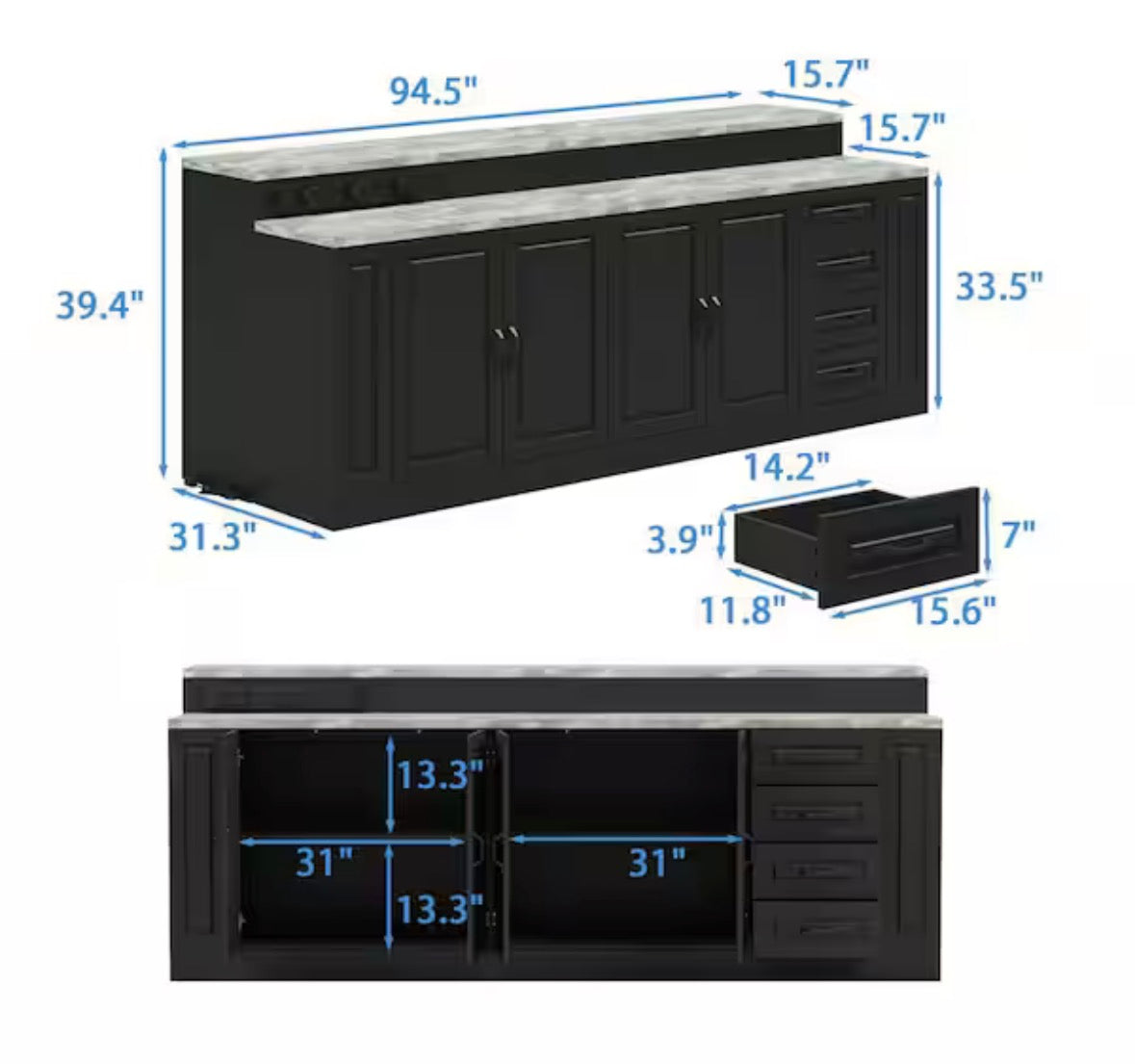 Black Wood Marble Woodgrain Finish 94.5 in. W Kitchen Island Dining Bar Table with Door Cabinet, 4 Drawers,Track Outlets