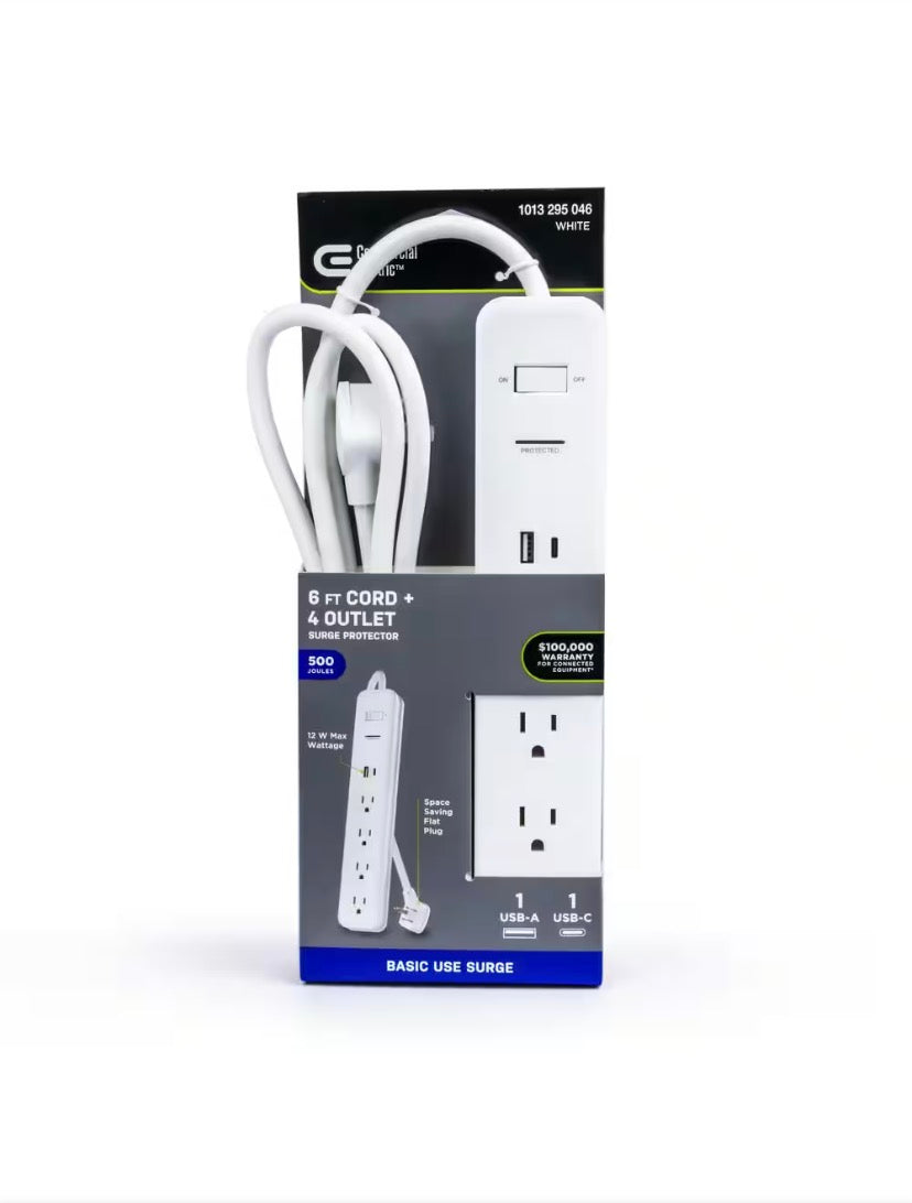 6 ft. 4-Outlet Surge Protector with 1 USB-A 1 USB-C Ports, White