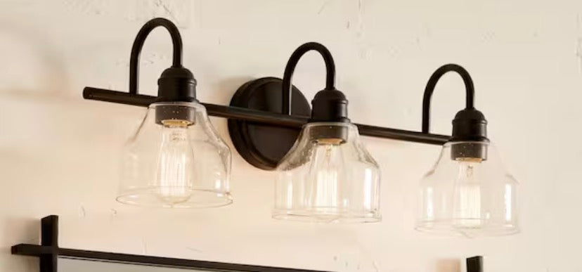 Avery 24 in. 3-Light Black Industrial Bathroom Vanity Light with Clear Seeded Glass