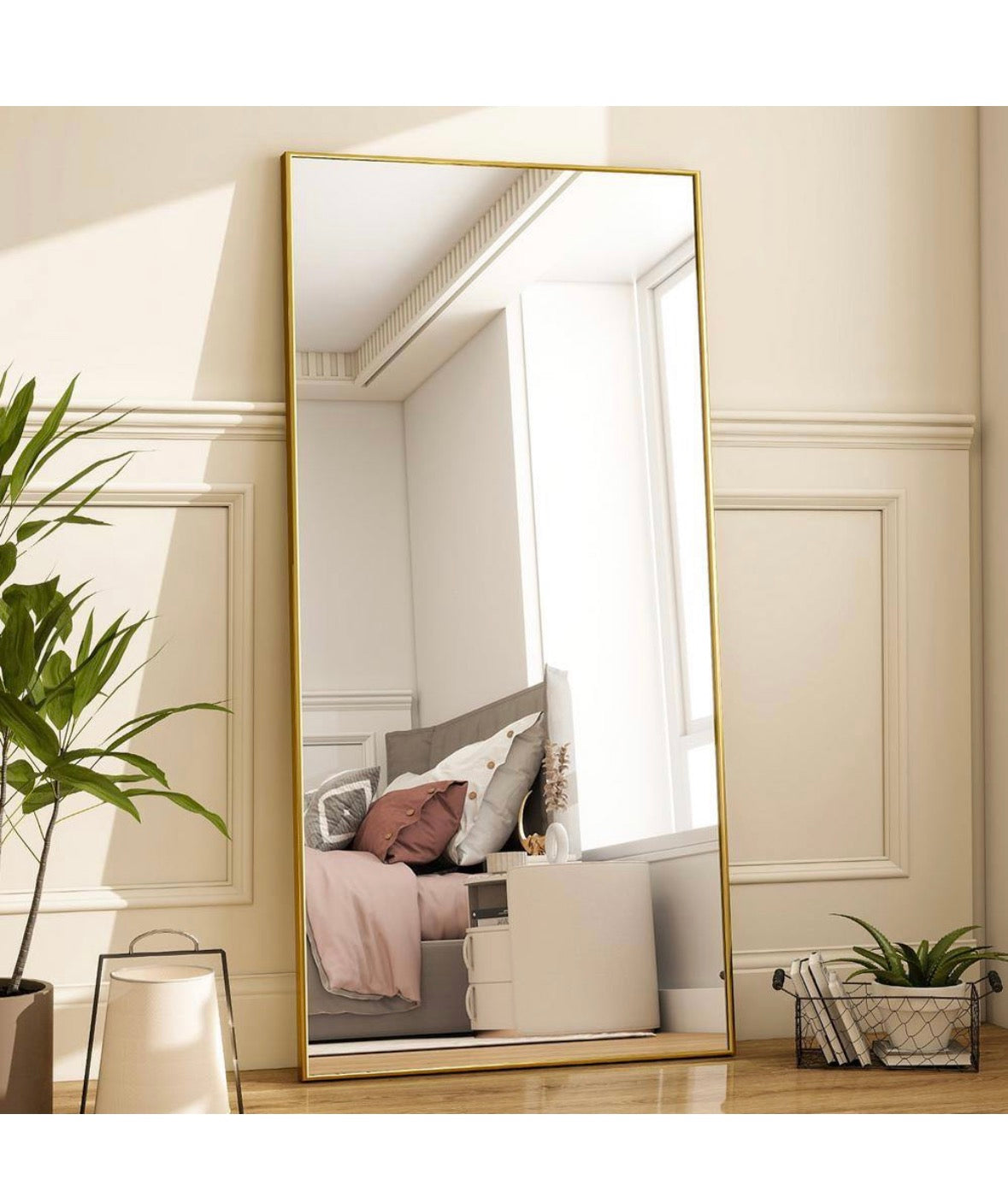 34 in. W x 76 in. H Rectangular Classic Gold Aluminum Alloy Framed Full Length Mirror Standing Floor Mirror