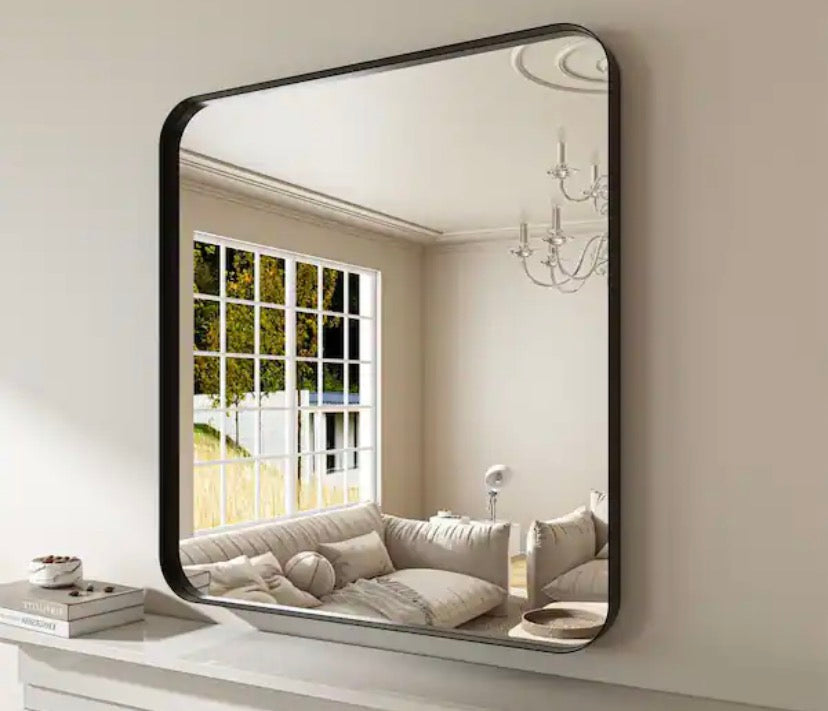 32 in. H x 36 in. W Rectangular Aluminum Framed Modern Black Rounded Wall Mirror