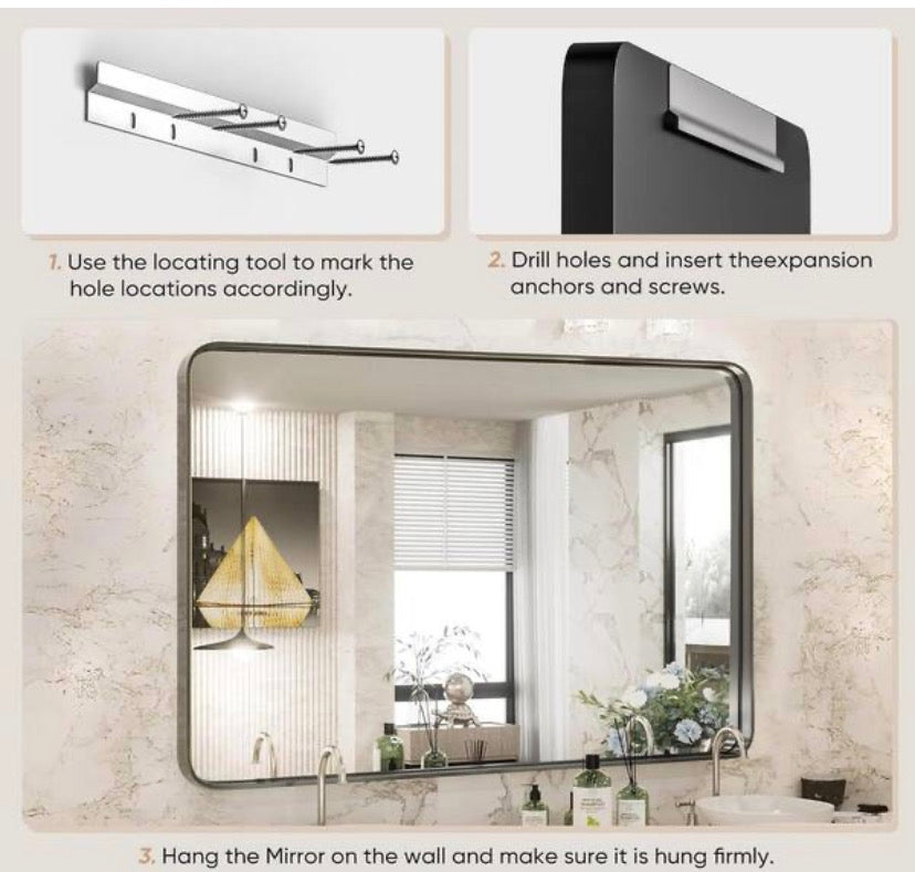 32 in. H x 36 in. W Rectangular Aluminum Framed Modern Black Rounded Wall Mirror