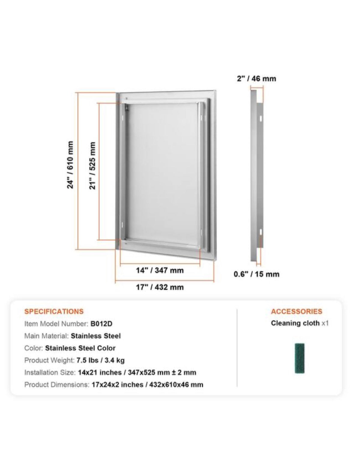 BBQ Access Door 17 in. W x 24 in. H Single Outdoor Kitchen Door Stainless Steel Flush Mount Vertical Wall Door