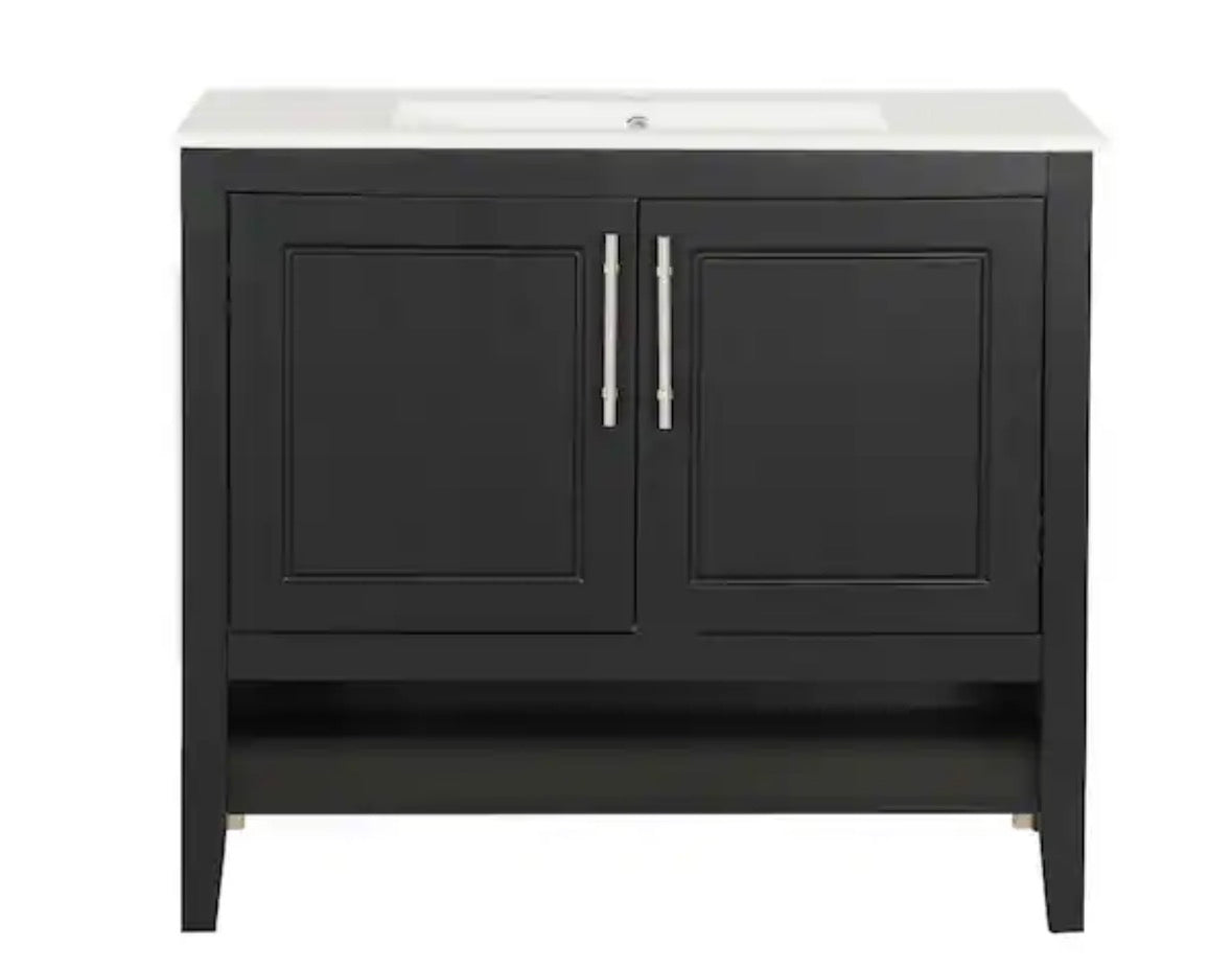 36 in. W Single Sink Bath Vanity in Black with White Ceramic Top, Open Shelf