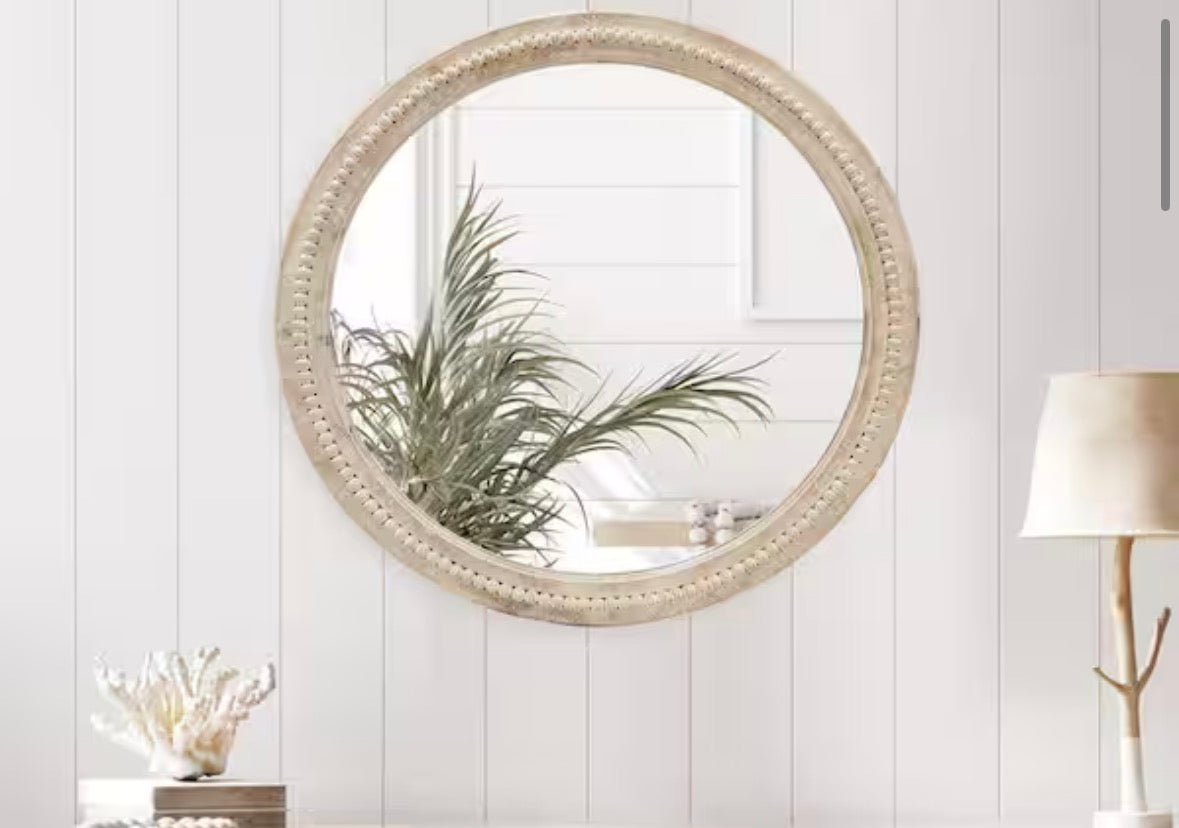 28 in. W x 28 in. H Bohemian Carved Beaded Round Wood Frame Wall Mirror Decorative Mirror