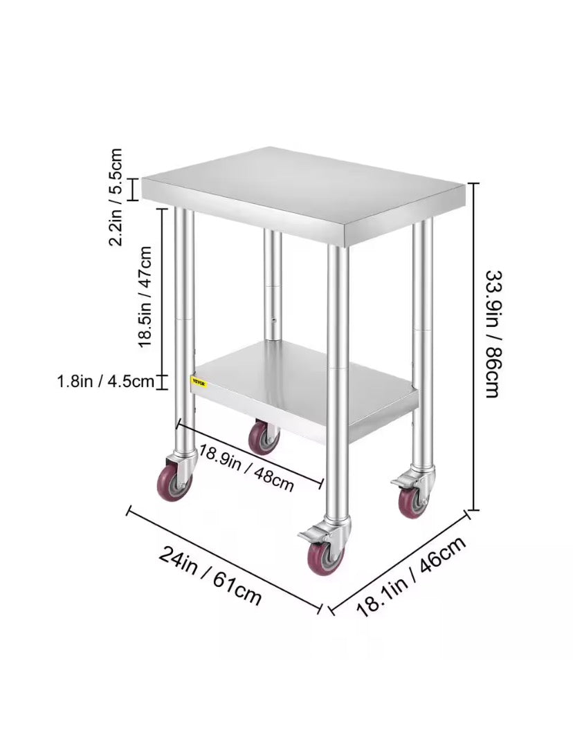 Kitchen Prep Table 24 x 18.1 x 33.9 in. Stainless Steel Rolling Table with Wheels and Brake Kitchen Utility Table,Silver