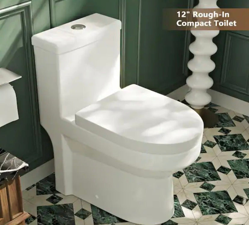 Liberty 12 in. Rough In 1-Piece 1.1/1.6 GPF Dual Flush Round Toilet in White, Chrome Button and Soft Close Seat Included