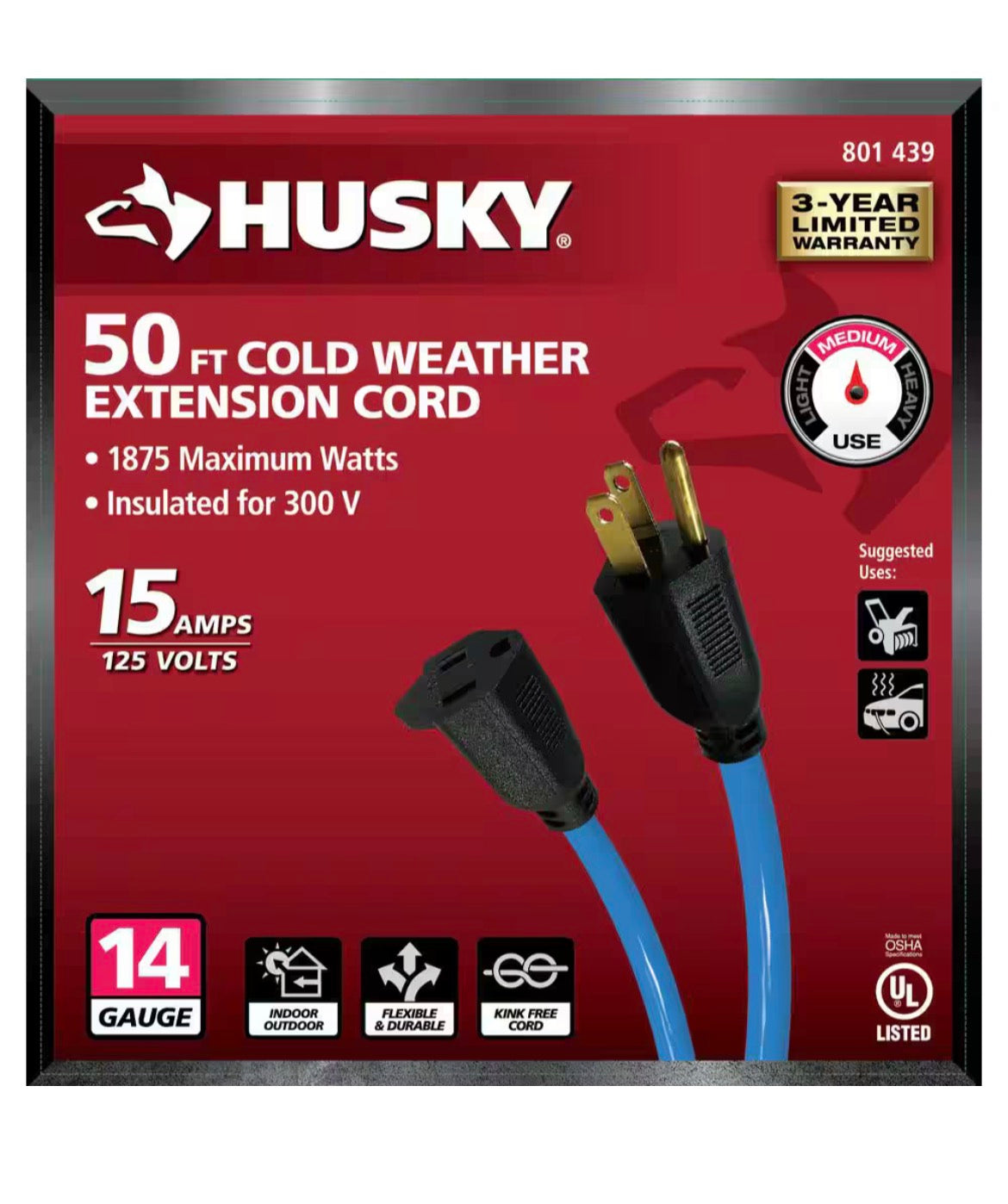 50 ft. 14/3 Medium Duty Cold Weather Indoor/Outdoor Extension Cord, Blue