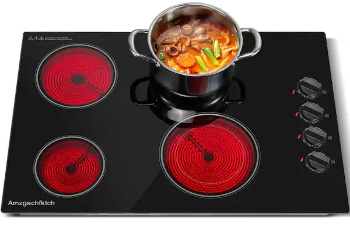 30 in. 4 Elements Radiant Electric Cooktop in Black with Knob Control, 6700W, 220-240V Hard Wire(No Plug)
