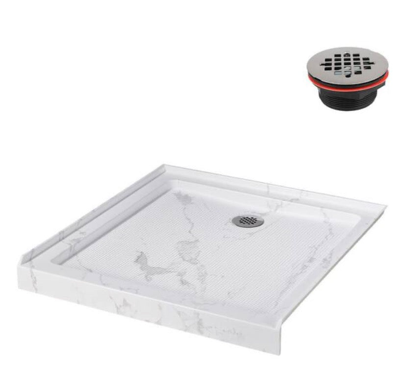 36 in. x 36 in. Alcove Acrylic Shower Pan Base in Matte Marble with Center Drain Included