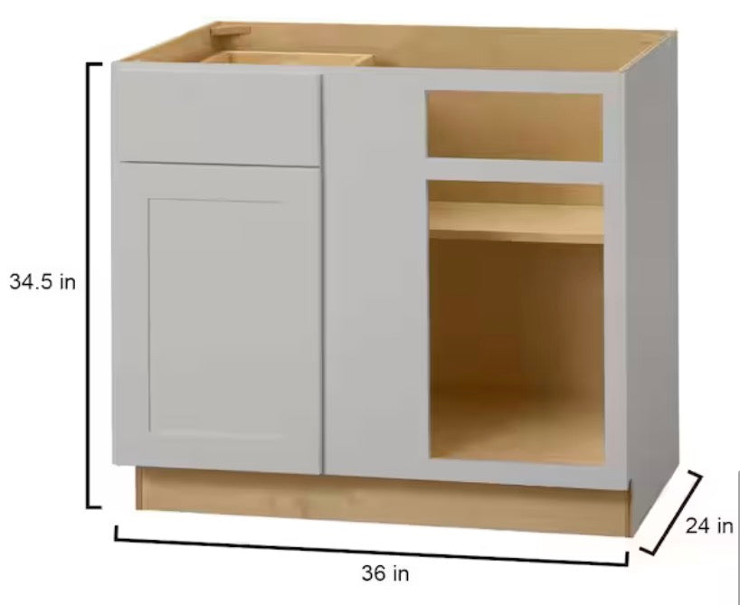 Avondale Shaker Dove Gray Quick Assemble Plywood 36 in Blind Corner Base Cabinet (36 in W x 24 in D x 34.5 in H)