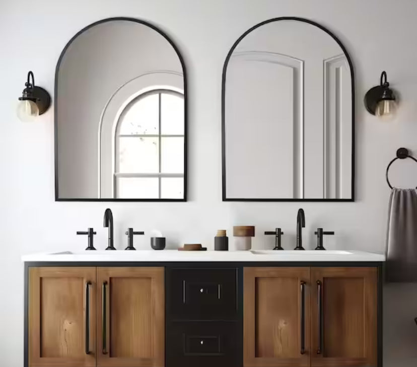 26 in. W x 38 in. H Arched Mirror for Bathroom Entryway Wall Decor Metal Frame Wall Mounted Mirror in Black 2-Pieces