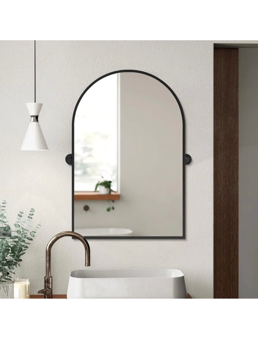 24 in. W x 31.5 in. H Modern Arch-Top Metal Framed Black Pivoted Wall Vanity Mirror