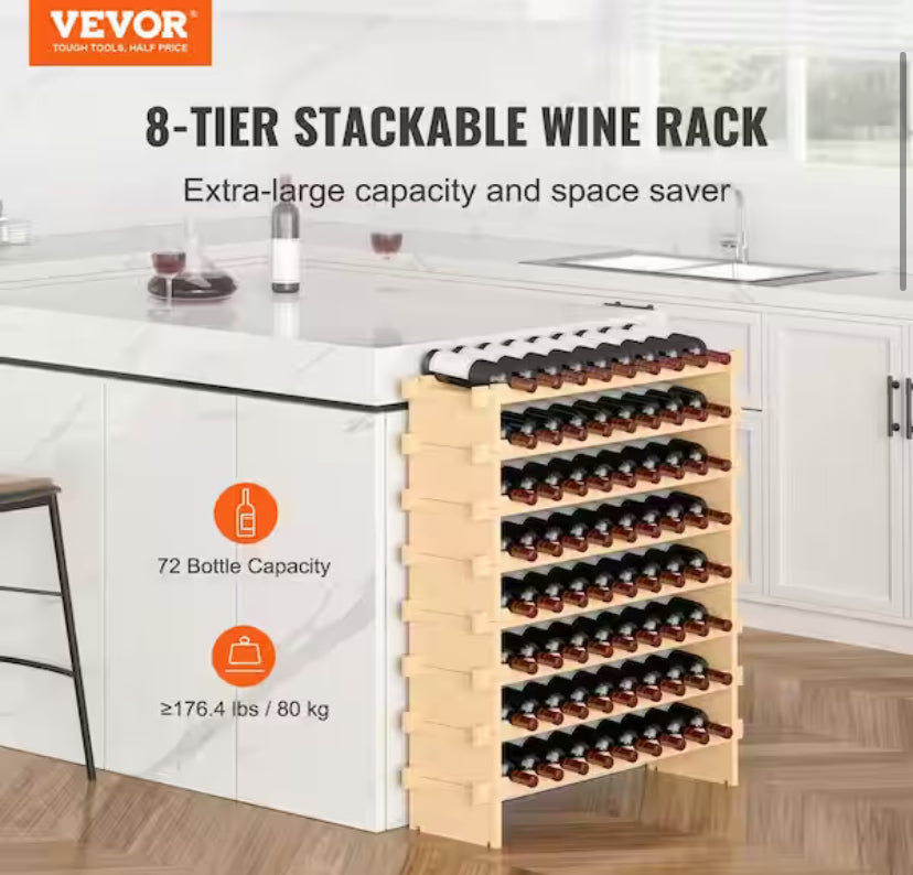 72-Bottle Freestanding Wines Holder Display Shelf 8-Tier Natural Color Storage Racks Stackable Modular Wine Rack