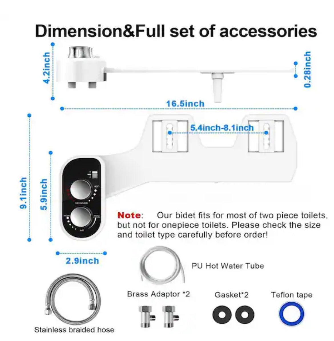 Black Ultra-Slim Hot and Cold Bidet Part Bidet Attachment with Adjustable Pressure Self Cleaning Sprayer Nozzle Control