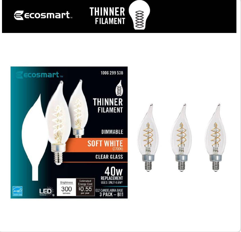 40-Watt Equivalent BA11 Dimmable Candelabra E12 Fine Bendy Filament LED Vintage Edison Light Bulb Soft White (3-Pack)