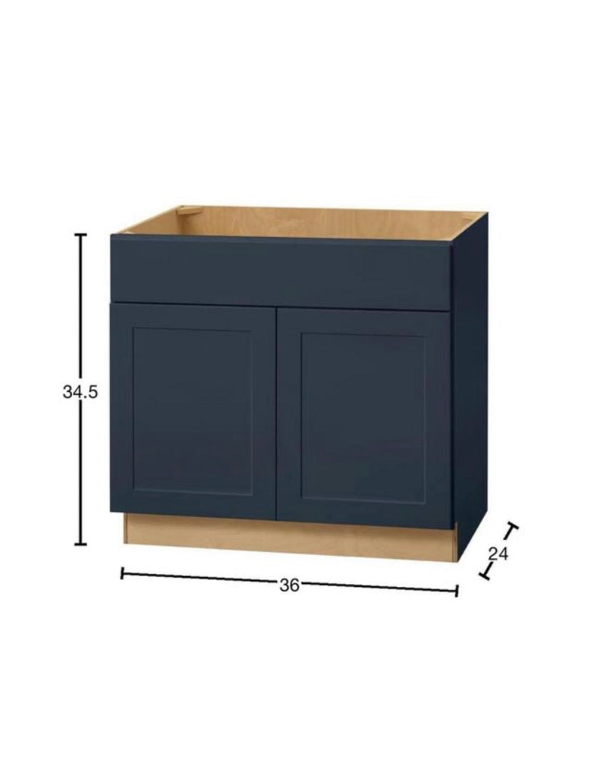 Avondale 36 in. W x 24 in. D x 34.5 in. H Ready to Assemble Plywood Shaker Sink Base Kitchen Cabinet in Ink Blue